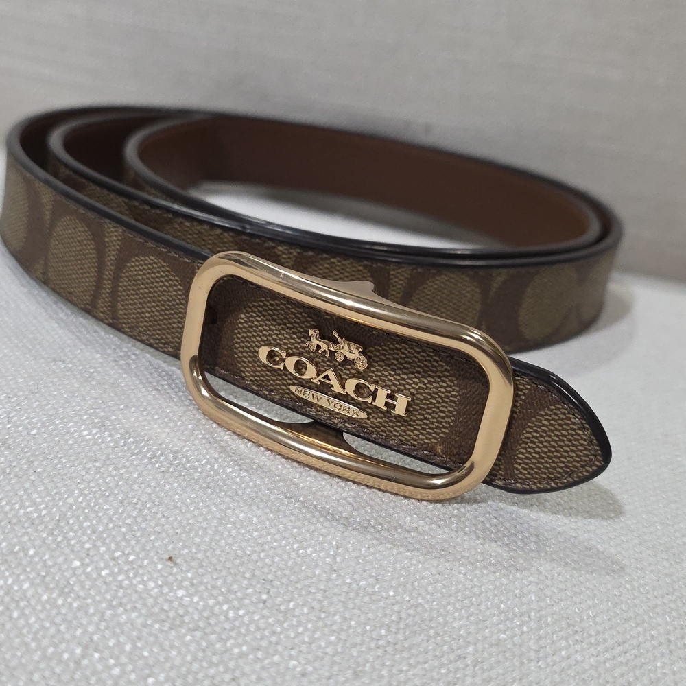 COACH Brown Signature Canvas Belt with Gold-Tone Logo Buckle